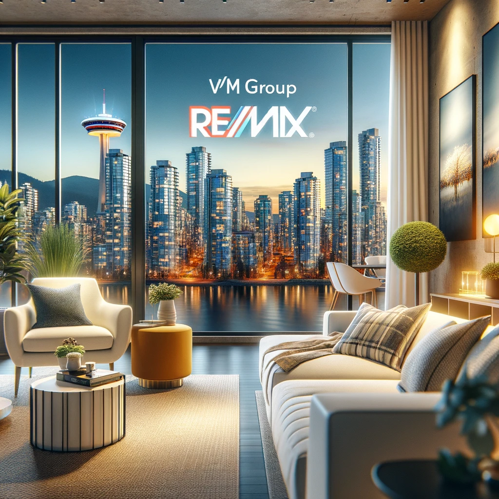 Modern Airbnb property in Vancouver with the text 'VPM Group RE/MAX' prominently displayed in the living room, highlighting upscale property management against a backdrop of the city skyline.