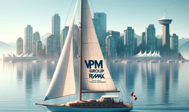 Serene yacht sailing on calm waters with Vancouver skyline, featuring Harbour Centre and Canada Place, and subtle 'VPM Group, RE/MAX - Vancouver Property Management' logo on sail