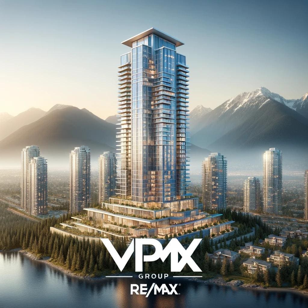 Elegant Apex residential tower by Denna Homes, managed by VPM Group RE/MAX, set against the backdrop of North Vancouver's natural landscape